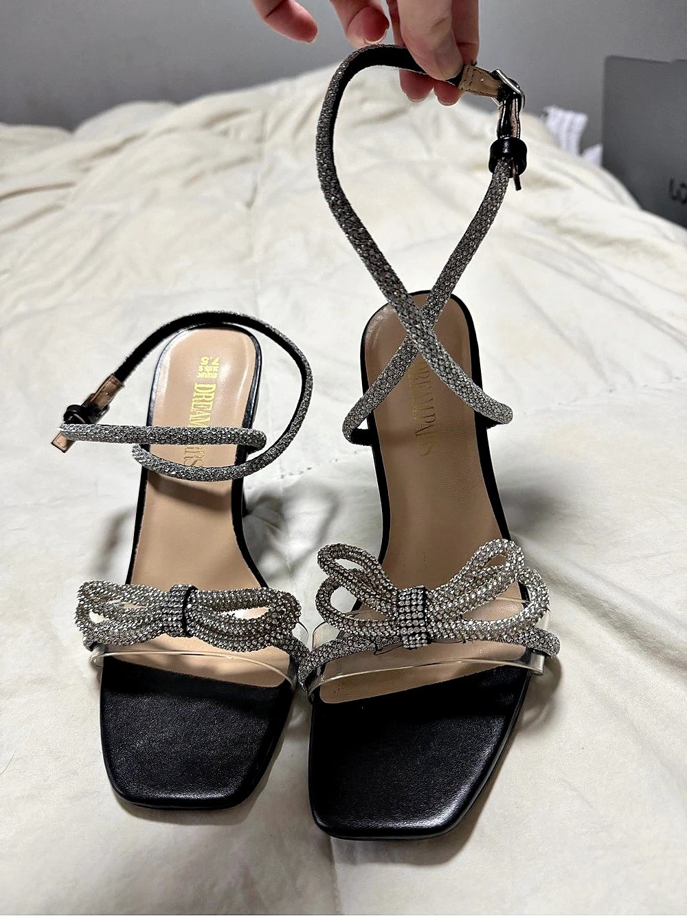 Dream Pairs Bowknots Square Toe Rhinestone Heels Black & Silver US 7.5